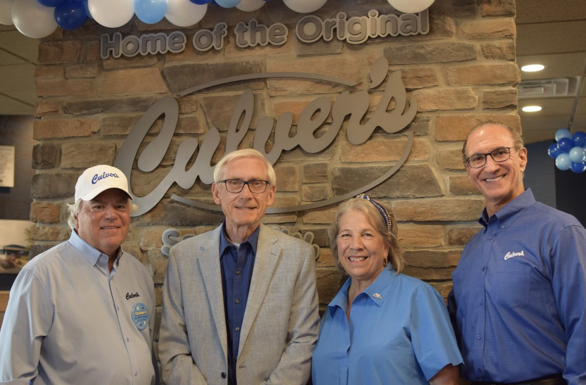 GovEvers's tweet photo. Excited to be in Sauk today to celebrate 4️⃣0️⃣ years of @culvers and to proclaim today, July 18, 2024, officially as Culver's Day in Wisconsin!

Here's to 40 years and to fresh frozen custard, signature ButterBurgers, and deliciousness for many more years to come! 🍦 https://t.co/uMN3OSVOHR