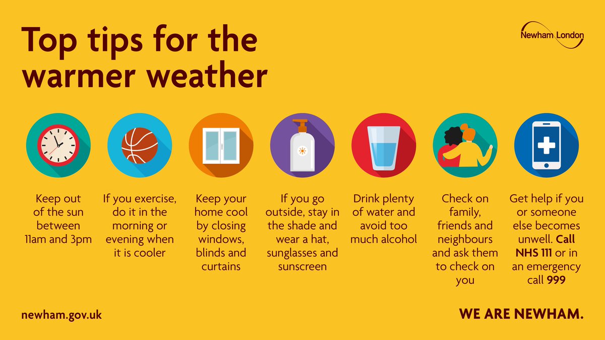 Newham London 💙 (@newhamlondon) on Twitter photo A yellow heat-health alert's now in force in London until 11pm on Saturday.
We are encouraging our residents to stay alert for people who may be more vulnerable and need help to stay safe.
For advice and tips, visit orlo.uk/dHcVU & orlo.uk/dKnu1
<a href="/UKHSA/">UK Health Security Agency</a> A yellow heat-health alert's now in force in London until 11pm on Saturday.
We are encouraging our residents to stay alert for people who may be more vulnerable and need help to stay safe.
For advice and tips, visit orlo.uk/dHcVU & orlo.uk/dKnu1
<a href="/UKHSA/">UK Health Security Agency</a>