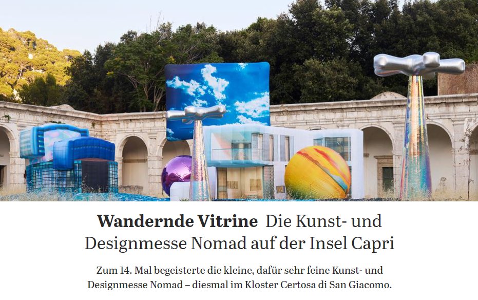 InlocoG21235's tweet photo. Great article about NOMAD Capri’24 in @Tagesspiegel🧾
🔗 https://t.co/1Cvpm3XyOE
Dr. Eva Karcher, thank you for visiting ‘The Idealized City’!
#inlocogallery #dubaispots #FilippoMinelli #Dubai #uae #Tagesspiegel #nomadcapri #nomadcapri24 https://t.co/E5uQQOnjHk
