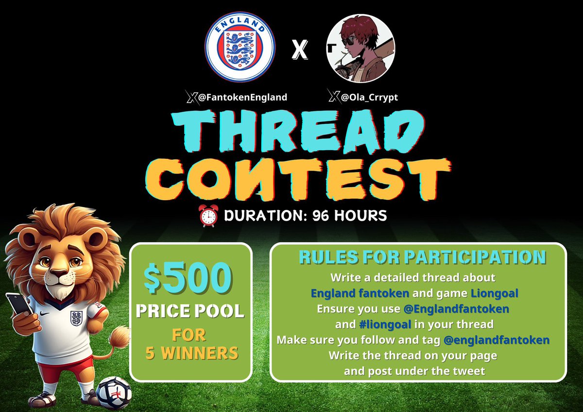 🚀 A WHOPPING $500 THREAD CONTEST 🚀 

✨ Sponsored by @FantokenEngland in collaboration with <a href="/Ola_Crrypt/">⭕️La_Crrypt💰₿</a> ✨ 

How to Enter:

▫️📌 Follow the instructions in the image below

▫️Follow @FantokenEngland &amp; <a href="/JaypeeJnr2/">Jàypeejnr 🐐</a> 

▫️👥 Tag 3 other thread creators you want to see win

⏰