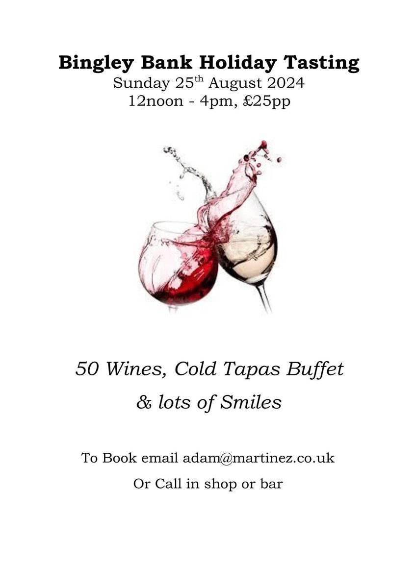 MartinezWines's tweet photo. 50+ wines, cold tapas buffet, what’s not to like? 
Book- in shop, 01264565000 or adam@martinez.co.uk 
@Bingley_Hour @Bingley_Dir @BingleySocial @BingleyBelles #bingley #eldwick #harden #shipley #saltaire #crossflatts #keighley #wine @christine_wine #bradford #supportlocal https://t.co/KPXyhIUFWz