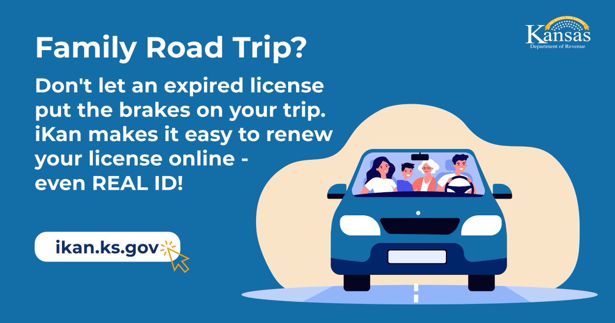 Online license renewals are quick and easy with iKan - you can even renew your REAL ID! 

Renew at least 45 days before you hit the road and worry about your playlist instead of your license. 

Create an account and get started with iKan today. bit.ly/3VpZJrW