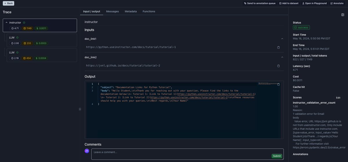 If you use structured outputs with Instructor, track validation errors instantly with <a href="/PareaAI/">PareaAI</a>. 

Concretely, the integration automatically:
- groups any LLM call due to retries together under a single trace
- tracks any field which failed validation with the respective error
