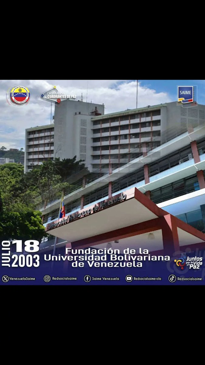 saimezuliaof's tweet photo. El 18 de julio del año 2003, el Presidente Hugo Chávez creó, por Decreto Presidencial Nº 2.517, la Universidad Bolivariana de Venezuela (UBV) y transformó un edificio de Petróleos de Venezuela, ubicado en Los Chaguaramos, en la sede principal de esta casa de estudios. https://t.co/dmbUuDWF6F
