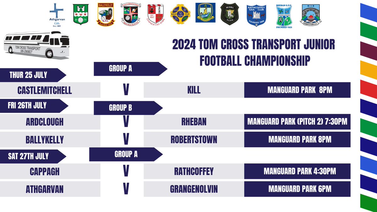 Wishing the very best of luck to all Clubs ahead of the 2024 Tom Cross Transport Junior Football Championship, commencing next week.

<a href="/ArdcloughGAA/">CLG Oifigiúil Ardcloch</a>  <a href="/ATHGARVAN_GAA/">Athgarvan GAA & LGFA Club</a> <a href="/ballykellygfc/">Ballykelly GFC</a> <a href="/CappaghGAA/">Cappagh GAA - One Club</a> <a href="/youngmitchells1/">Castlemitchell GFC</a> <a href="/Ellistowngaa/">Ellistown GAA</a> <a href="/grangenolvin/">Grangenolvin GFC</a> <a href="/AnChillGaa/">Kill Gaa Club</a>
