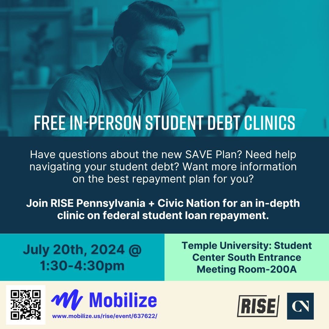 Don't forget, this Saturday <a href="/RiseFreeOrg/">Rise</a> is hosting a FREE in-person student debt clinic from 1:30 p.m. to 4:30 p.m. at the Temple University Student Center South Entrance Meeting Room-200A.

Come and find out how you can best navigate student debt.