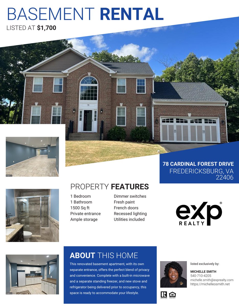 MOSmithRealtor's tweet image. Reach out to tour this basement rental today! Near Quantico and I-95! Not far from downtown Fredericksburg Virginia!