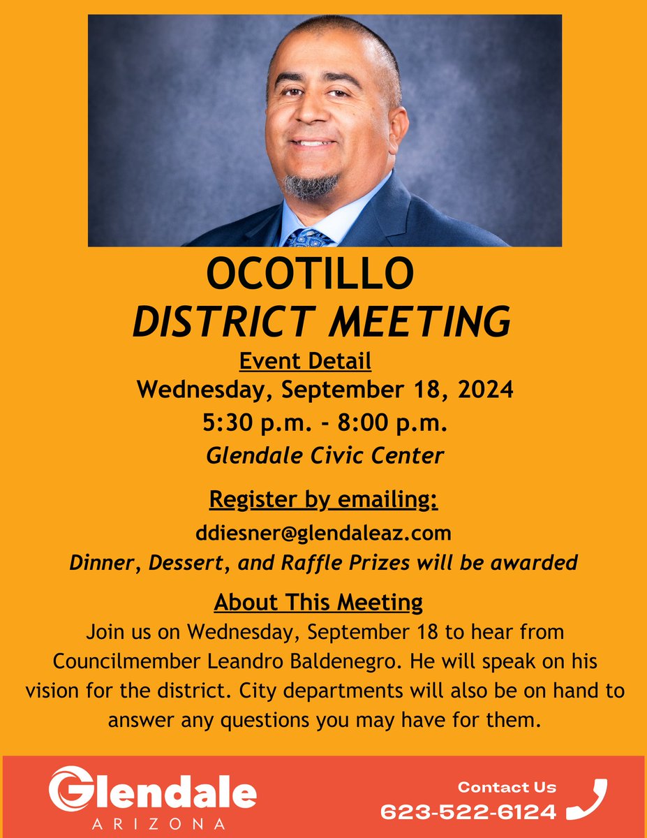 CMBaldenego's tweet photo. MARK YOUR CALENDARS....two months from today, we will host our Ocotillo District Meeting at the Glendale Civic Center. I look forward to meeting with you on September 18 from 5:30-8 p.m. https://t.co/oYWQCsvCM5