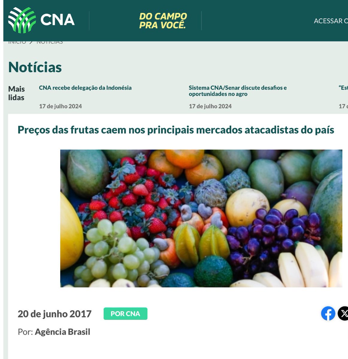 E a Secom que fez um post pra rebater os memes usando o print de uma notícia de 2017 (Governo Temer) sobre queda dos preços das frutas?