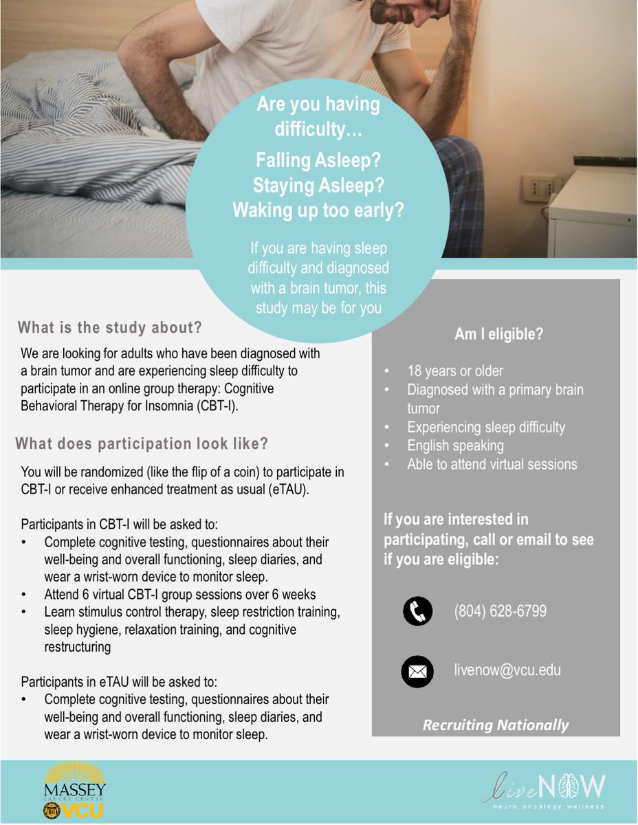 🚨NATIONAL RECRUITMENT🚨 Do you have a brain tumor and experience difficulty sleeping? Join us for a non-medication 6-week VIRTUAL therapy to help you sleep better so you can live better-CONTACT US TODAY! Compensation provided. <a href="/VCUMassey/">VCU Massey Comprehensive Cancer Center</a> <a href="/NeuroOnc/">SNO</a> <a href="/BTSMchat/">#BTSM chat</a> <a href="/theABTA/">American Brain Tumor Association</a> <a href="/NBTStweets/">National Brain Tumor Society</a>
