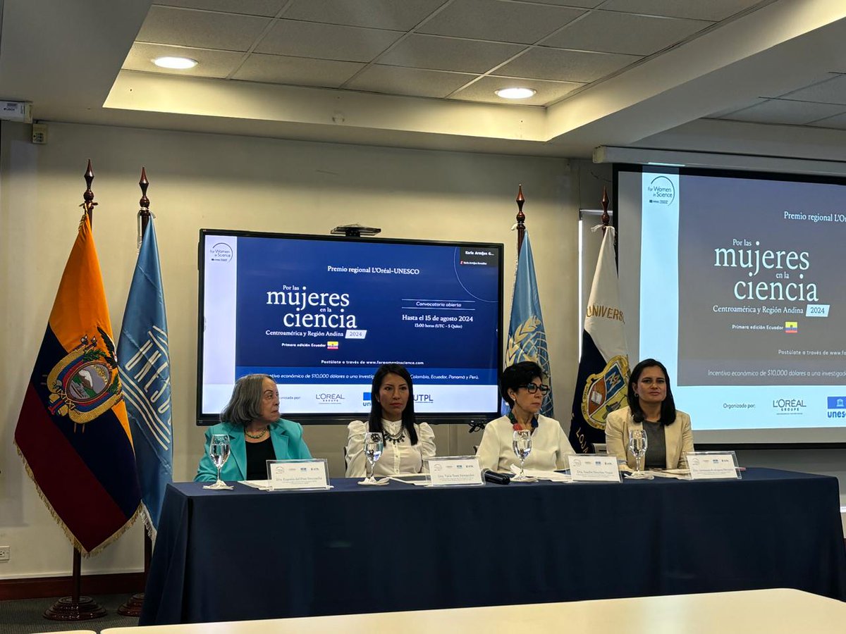 UNESCOQuito's tweet photo. @UNESCOQuito y Fundación L’Oréal, en alianza con @utpl, presentaron la convocatoria de la primera edición del Premio Regional L'Oréal-@UNESCO por las Mujeres en la Ciencia en #Ecuador, que destaca la excelencia en investigación en ciencia, ingeniería, tecnología y matemáticas. https://t.co/arMiDbkBr2