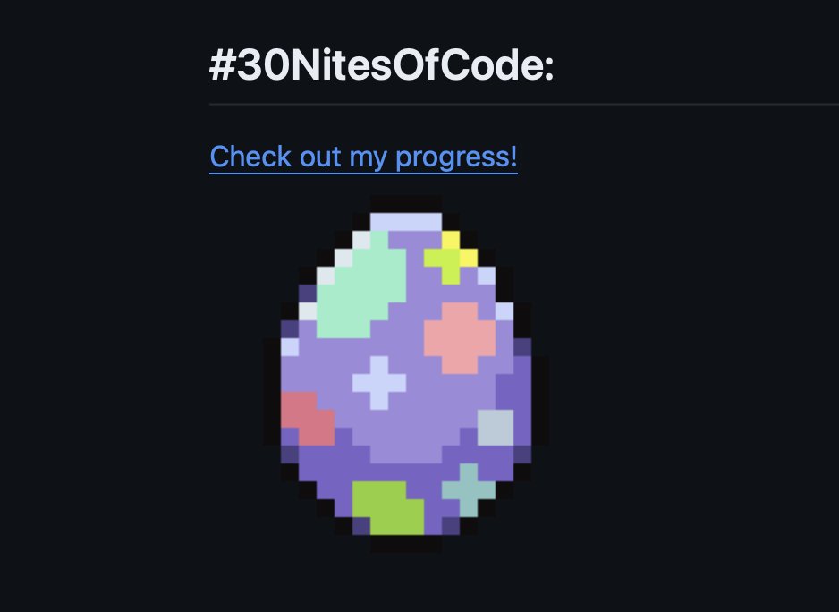 mohitjoping's tweet image. #30NitesOfCode Day 1:
I embedded my pet's code into my GitHub profile to show my progress.