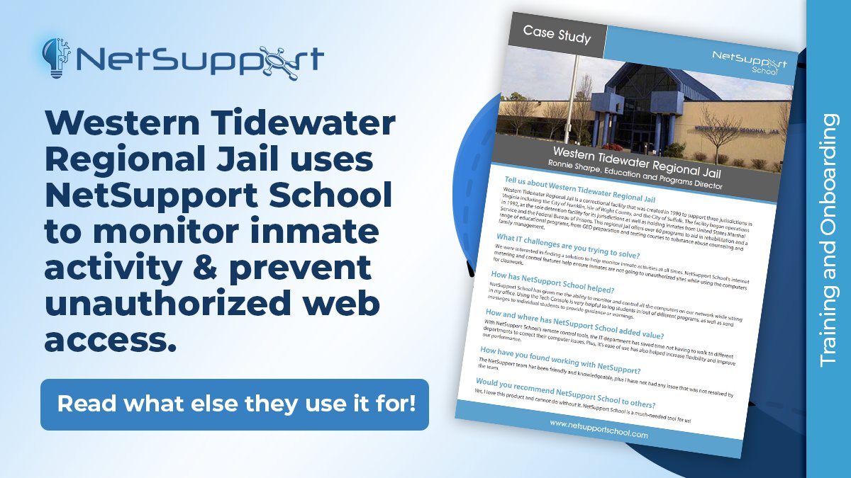 NetSupport_Ca's tweet image. NetSupport School in action! Read the case study to discover how Western Tidewater Regional Jail leverages it for secure inmate activity monitoring. mvnt.us/m2420896

#RealWorldSecurity #CaseStudy #Training