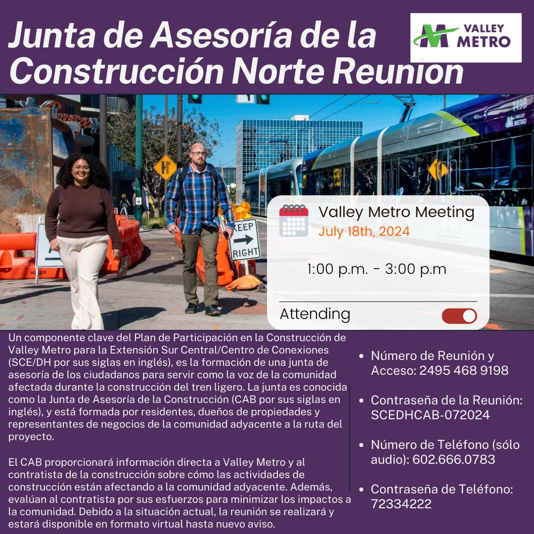 YouBuildAZ's tweet photo. Join us for the Valley Metro CAB meeting to discuss the South Central Extension/Downtown Hub light rail construction! The CAB is here to represent residents, property owners, and businesses affected by the construction.

https://t.co/sPIiOKW4lR

#CommunityVoice #ValleyMetro https://t.co/aSnqJzTMFx