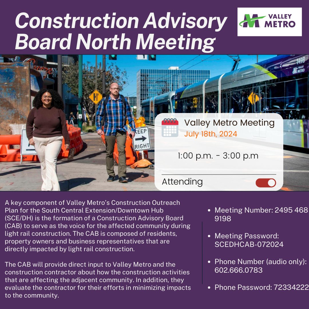 YouBuildAZ's tweet photo. Join us for the Valley Metro CAB meeting to discuss the South Central Extension/Downtown Hub light rail construction! The CAB is here to represent residents, property owners, and businesses affected by the construction.

https://t.co/sPIiOKW4lR

#CommunityVoice #ValleyMetro https://t.co/aSnqJzTMFx