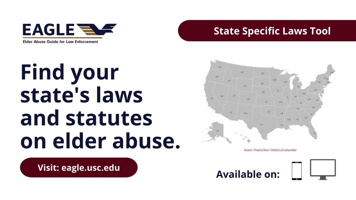 NCEAatUSC's tweet photo. With EAGLE's State Specific Laws, you are provided with Elder Abuse Statutes, Elder Abuse Charging Information, and State Mandated Reporting. Access the tool here: https://t.co/4aEuIZJRBu  

#LawEnforcement #ElderJustice #Multidisciplinary https://t.co/PlKz2M6BOJ