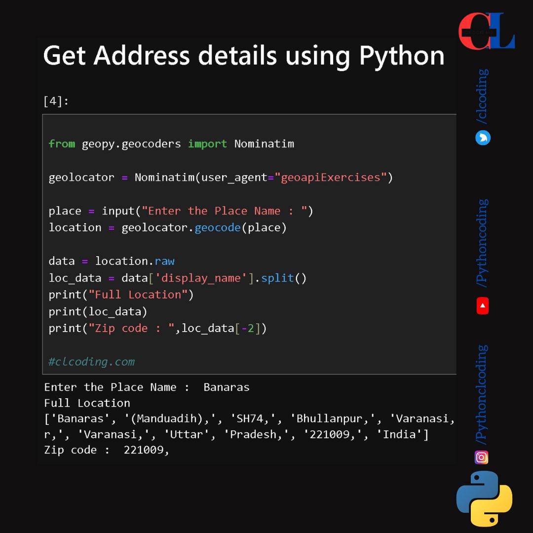clcoding's tweet photo. Get Address details using Python https://t.co/QPFYeBzshr
