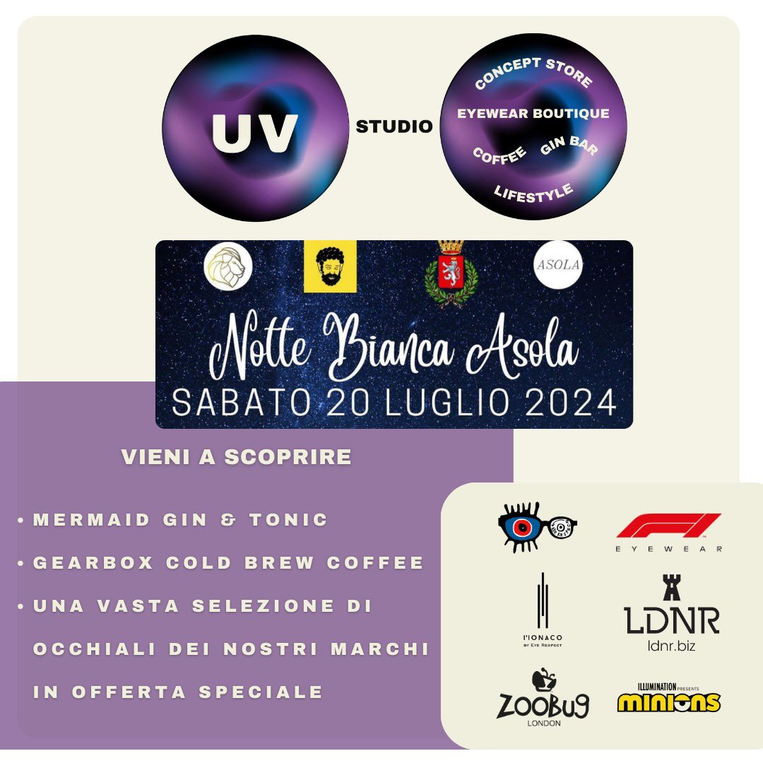sunglassguru's tweet photo. UV Studio vi aspetta alla Notte Bianca di Asola Sabato 20 luglio 2024 #asola #nottabianca #uvstudio #gintonic #coffeeaddict #sunglasses #lagodigarda https://t.co/HUFnlU6231