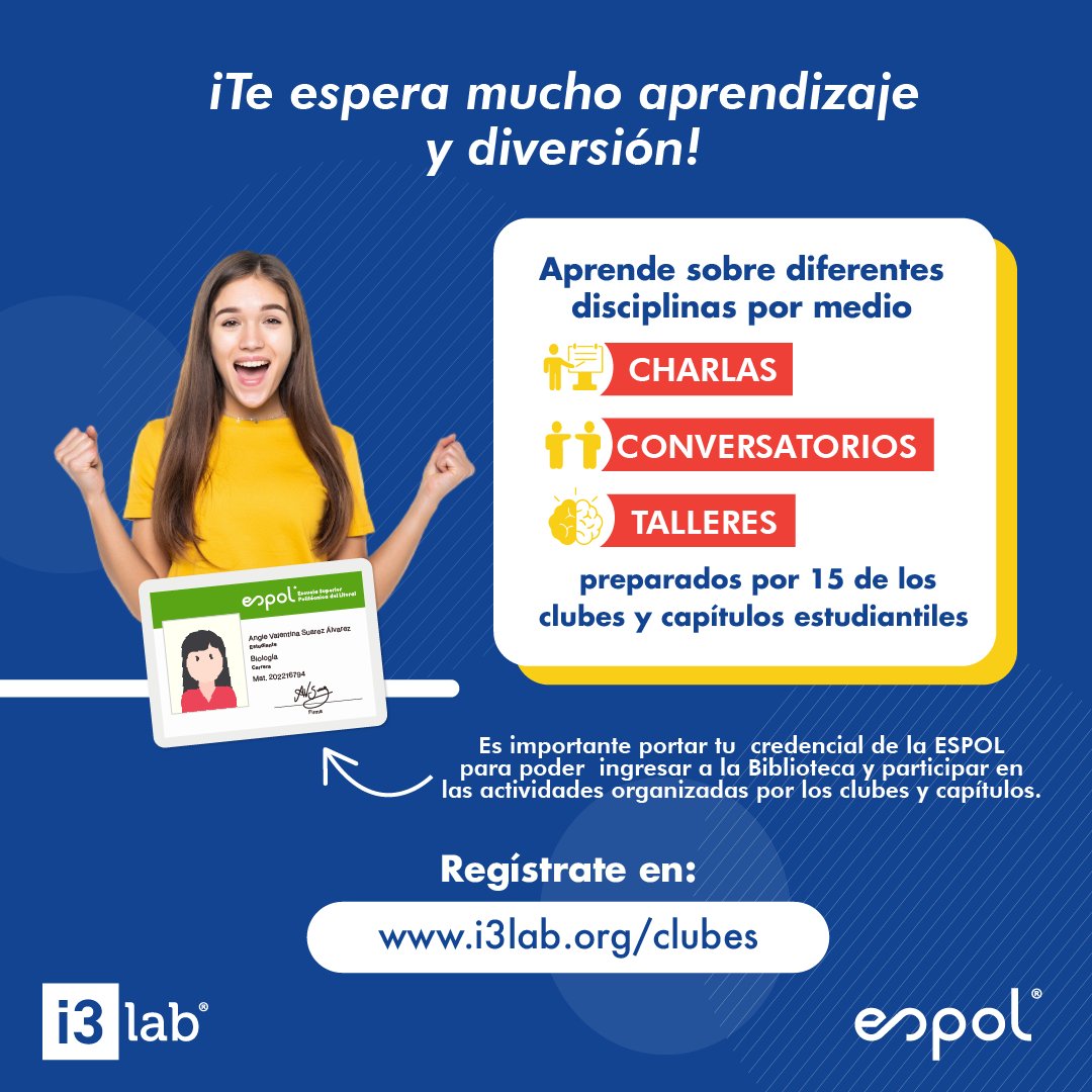 ¡Vuelve #ClubesReadySetJoin! Del 22 al 25 de julio en <a href="/CIBESPOL/">Centro de Información Bibliotecaria - ESPOL</a> 🥳!

Prepárate para aprender sobre distintas disciplinas con charlas, talleres ¡y muchas sorpresas más!
Todo preparado por los 15 clubes y capítulos participantes de este año.

🔗Registros : i3lab.org/clubes