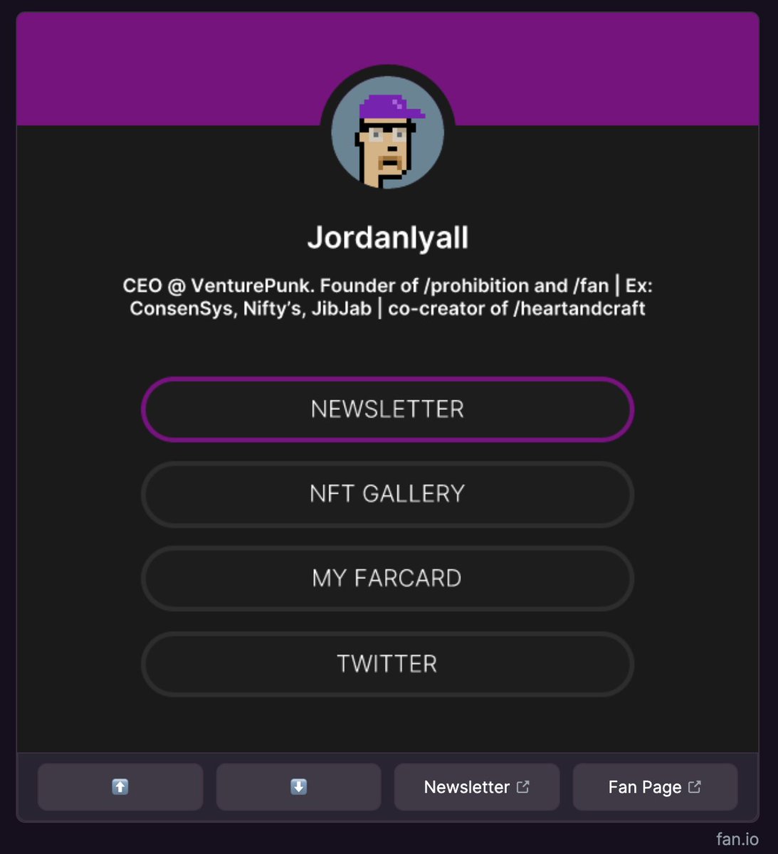 Today I'm launching a side project in beta: fan.io 

FAN is like a linktree for web3. One short link to showcase everything you do onchain. Integrated with <a href="/farcaster_xyz/">Farcaster</a> 

fan.io/jordanlyall