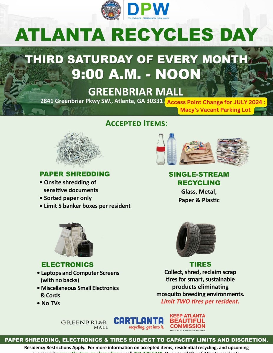 ATLPublicWorks (@atlpublicworks) on Twitter photo Guess what week it is! This Saturday is Atlanta Recycles Day! Clear the clutter by bringing recyclables & papers for shredding to the MACY’S VACANT LOT at <a href="/GreenbriarMall/">Greenbriar Mall</a> from 9A-noon. #Recycle #recycling <a href="/ATL311/">Atlanta 311</a> <a href="/atlcouncil/">Atlanta City Council</a> Guess what week it is! This Saturday is Atlanta Recycles Day! Clear the clutter by bringing recyclables & papers for shredding to the MACY’S VACANT LOT at <a href="/GreenbriarMall/">Greenbriar Mall</a> from 9A-noon. #Recycle #recycling <a href="/ATL311/">Atlanta 311</a> <a href="/atlcouncil/">Atlanta City Council</a>