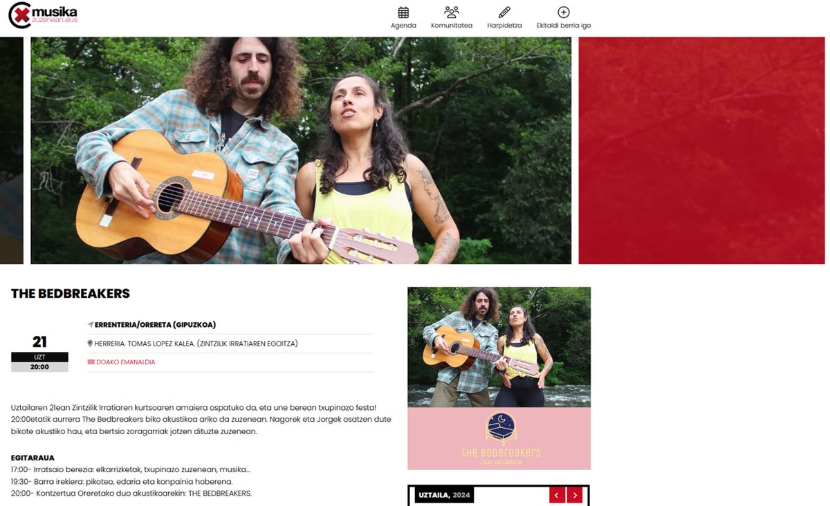 TXUPINAZO FESTA ZINTZILIK IRRATIAN!
Uztailaren 21ean...
EGITARAUA
17:00- Irratsaio berezia: elkarrizketak, txupinazo zuzenean, musika…
19:30- Barra irekiera: pikoteo, edaria eta konpainia hoberena.
20:00- Kontzertua Oreretako duo akustikoarekin: THE BEDBREAKERS.