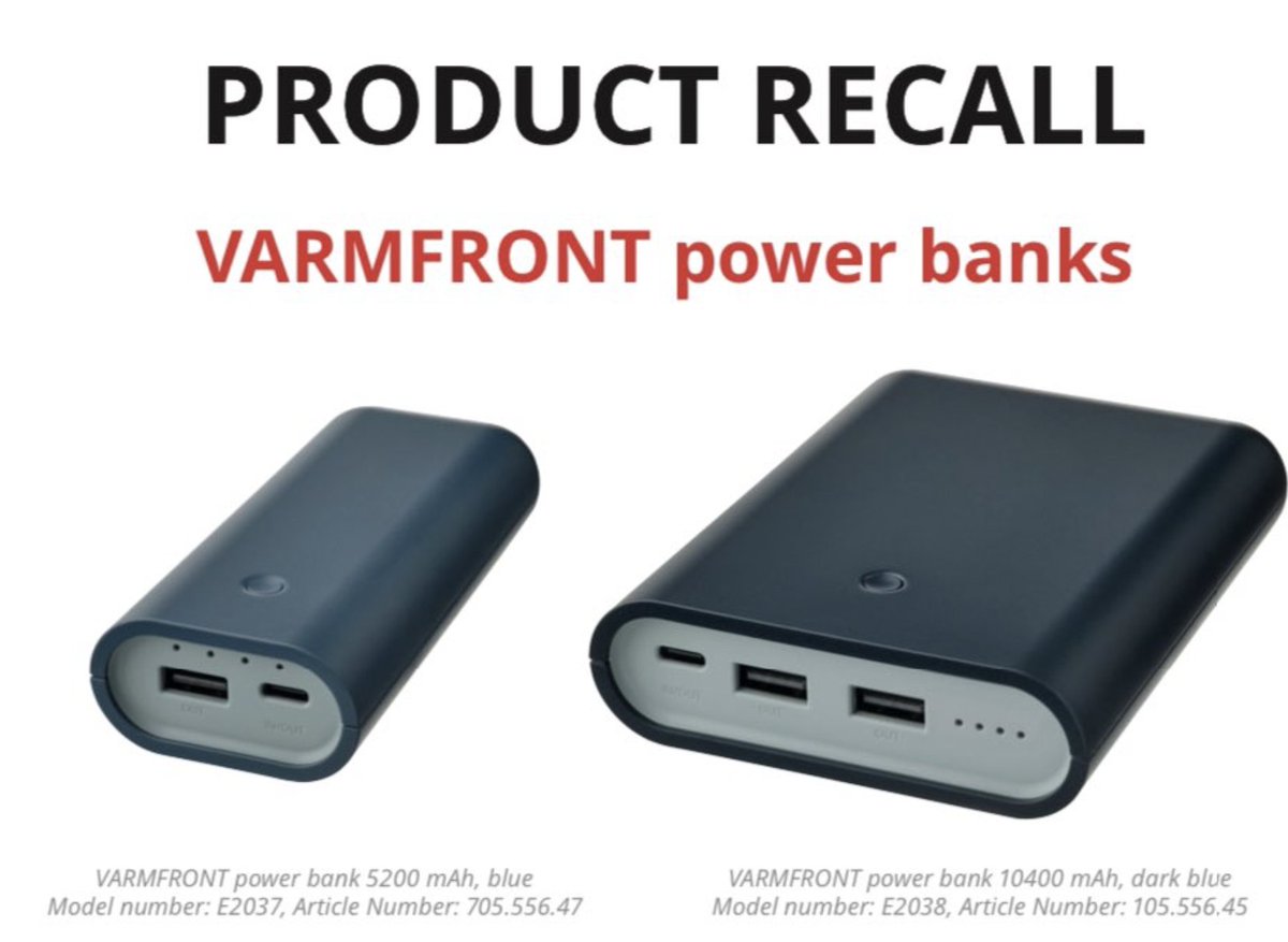PRODUCT RECALL: VARMFRONT power bank 5200 mAh, blue (article number 70555647) and VARMFRONT power bank 10400 mAh, dark blue (article number 10555645) due to a safety concern. Please stop using &amp; return to store for a refund. Receipt not required bit.ly/4d1AcfS