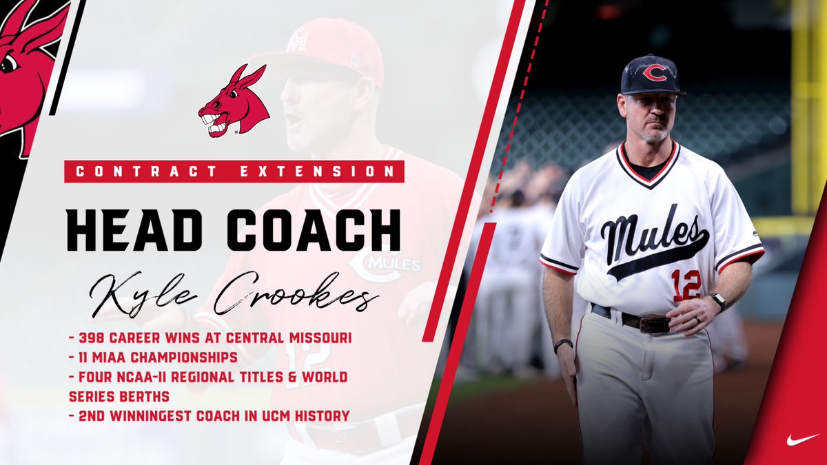 UCM Mules & Jennies (@ucmmules) on Twitter photo ✍️ <a href="/Mules_Baseball/">Roll Stable</a> head coach Kyle Crookes has signed a 5-year contract extension through the 2029 season!
Crookes led the Mules to <a href="/TheMIAA/">The MIAA</a> Regular Season & <a href="/NCAADII/">NCAA Division II</a> Central Region 🏆 in 2024 & a 52-10 overall record.
📝 | bit.ly/3xZvwID
#teamUCM x #RollStable ✍️ <a href="/Mules_Baseball/">Roll Stable</a> head coach Kyle Crookes has signed a 5-year contract extension through the 2029 season!
Crookes led the Mules to <a href="/TheMIAA/">The MIAA</a> Regular Season & <a href="/NCAADII/">NCAA Division II</a> Central Region 🏆 in 2024 & a 52-10 overall record.
📝 | bit.ly/3xZvwID
#teamUCM x #RollStable