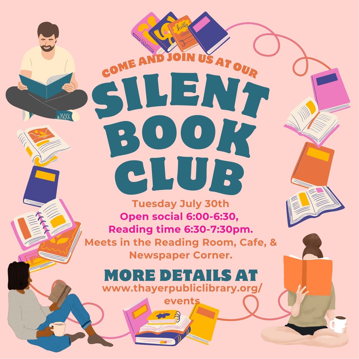 Finding it hard to fit summer reading into your busy social calendar? The library is starting a monthly Silent Book Club, so grab whatever you're reading and come join us Tuesday, July 30! No sign-up, no book assignments! Open social time 6-6:30 pm. Silent reading time 6:30-7 pm.