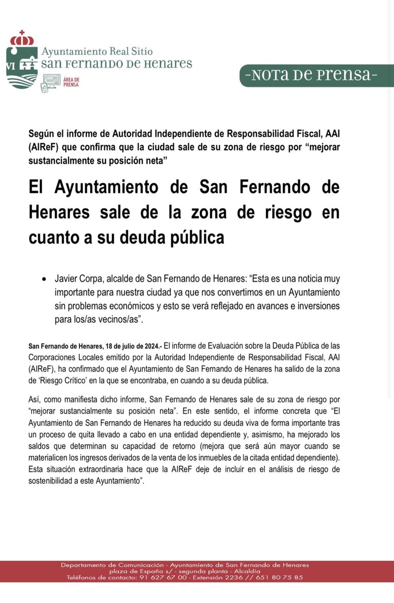 SFH_PSOE's tweet image. San Fernando de Henares rebaja su deuda un 54%, la @AIReF_es en su informe anual confirma que tras muchos años,el ayuntamiento deja de estar en riesgo. Gestión responsable que servirá para aumentar mejoras en la ciudad 

Enlace informe AIREF👇🏻

airef.es/wp-content/upl…