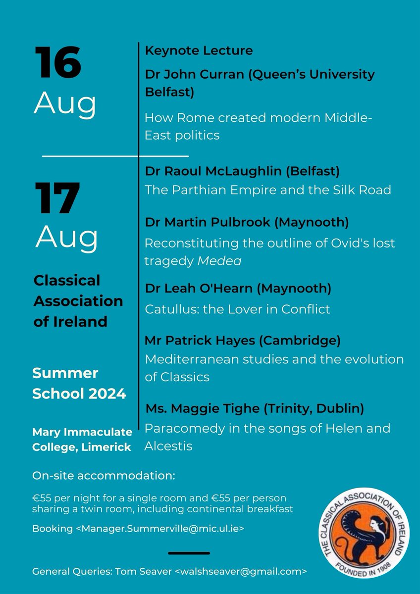 ClassicalAssoc1's tweet photo. CAI Summer Conference
Mary Immaculate College, Limerick, 16th-17th August 2024

Booking links are live on the conference website
https://t.co/p0PF7Qf2o0 https://t.co/QRyACGmsRR