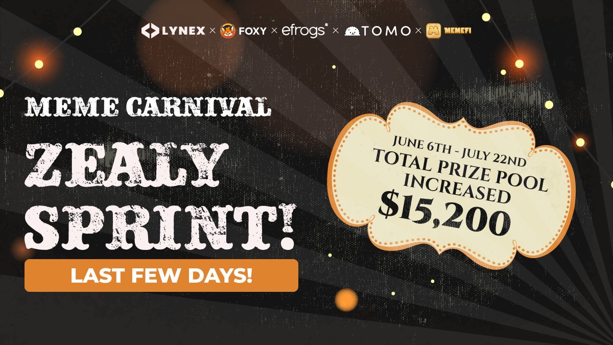 The MEME CARNIVAL qualifying phase has concluded, and we have 7 amazing memes participating! 

With the new additions of $WEF, $LINDA, and $HOTDOG, the Zealy sprint prize pool is now $15,200 💰

With less than 4 days of the sprint! Join for your chance to win a share of the prize