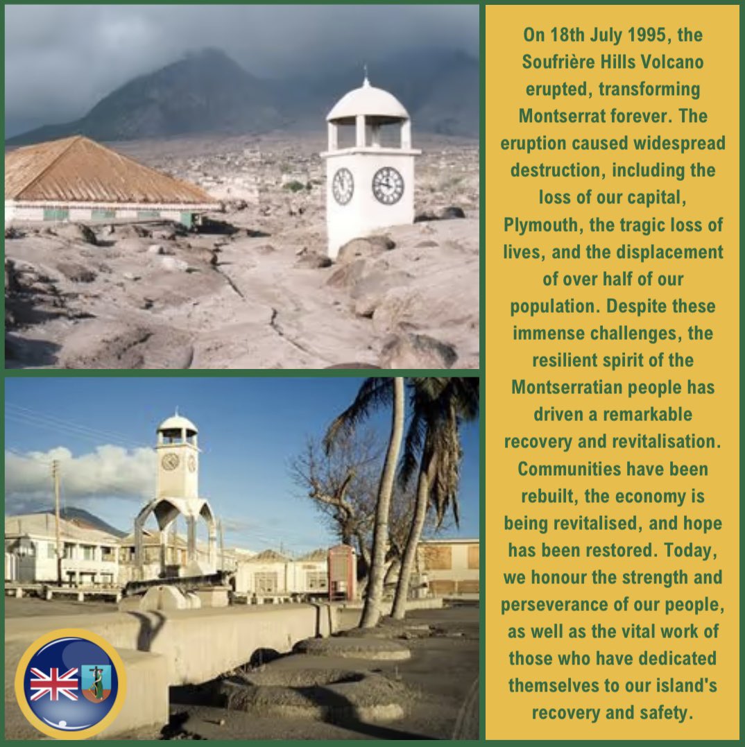 MontserratGovUK's tweet photo. Today marks the 29th anniversary of the Soufrière Hills Volcano eruption in 1995, a pivotal moment that reshaped Montserrat. Despite immense challenges and the loss of Plymouth, our community has shown incredible resilience, rebuilding homes and revitalizing our economy. https://t.co/2y0fhvTUEz