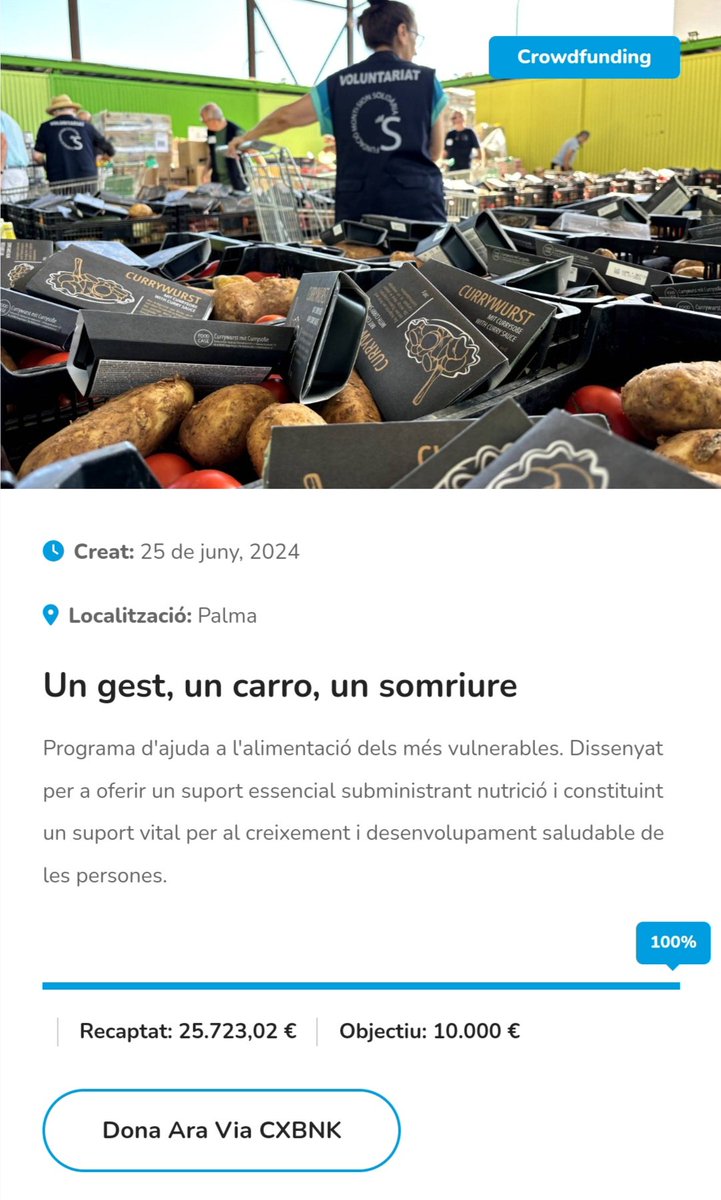 La solidaritat cap als més vulnerables mitjançant el projecte  Crowdfunding "un gest, un carro, un somriure" està superant totes les expectatives... i encara queden 12 dies per col.laborar👏👍🙏
montisionsolidaria.org/crowdfunding