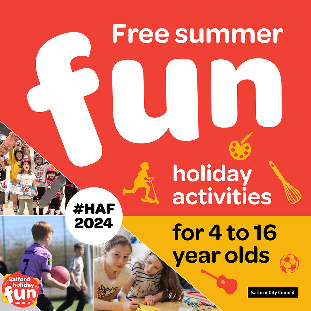 SalfordCouncil's tweet image. Supporting families in Salford! Our HAF programme ensures that children on free school meals have access to  healthy meals during the summer holidays. #HAF2024 #SalfordSummerOfFun