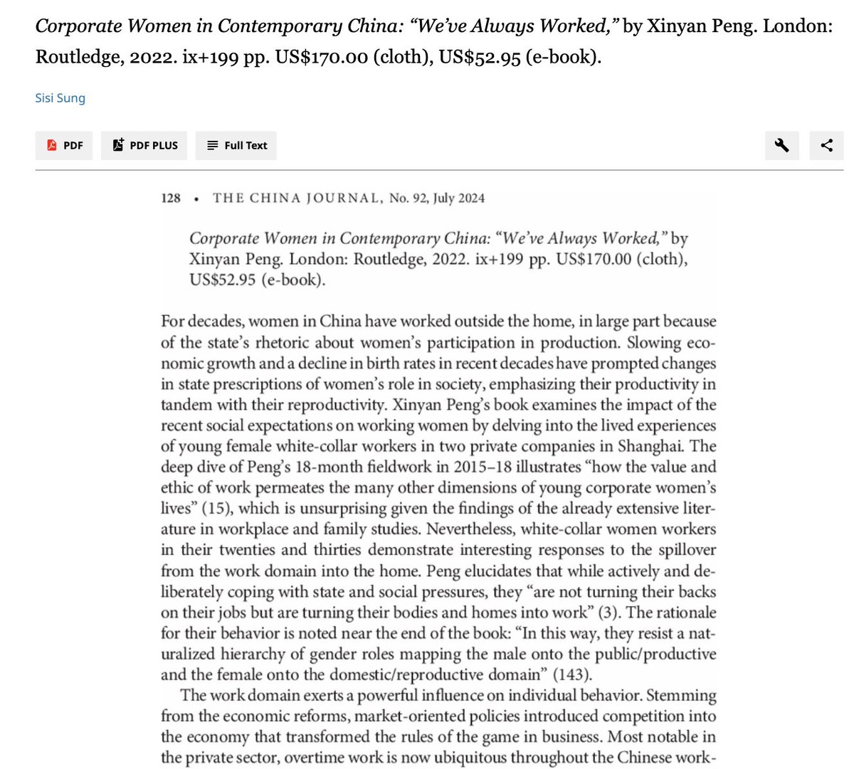My latest review for <a href="/TheChinaJournal/">The China Journal</a> is out 📚✨Check out a relevant read on how China's slowing economic growth and declining birth rates shape professional women's identities and lives. Full review: bit.ly/4d8XTmG or DM