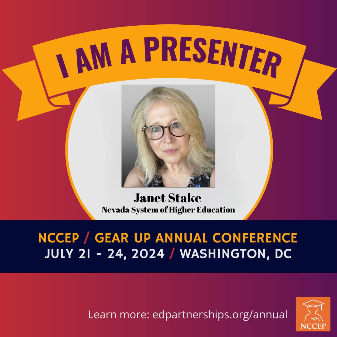 Kudos to Janet Stake, Director, GEAR UP Programming &amp; Outreach with the Nevada System of Higher Education, for being selected to present at the NCCEP National Conference next week in Washington, DC! #GEARUPworks <a href="/edpartnerships/">NCCEP</a> <a href="/NSHE/">Nevada System of Higher Education</a>