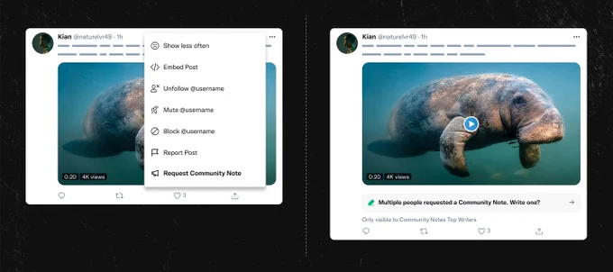 Screenshots of the X app. On the left, shows the option to "Request Community Note" from the ... menu on a post. On the right, shows the post with a card saying "Multiple people requested a Community Note. Write one?" which is only visible to Community Notes Top Writers.