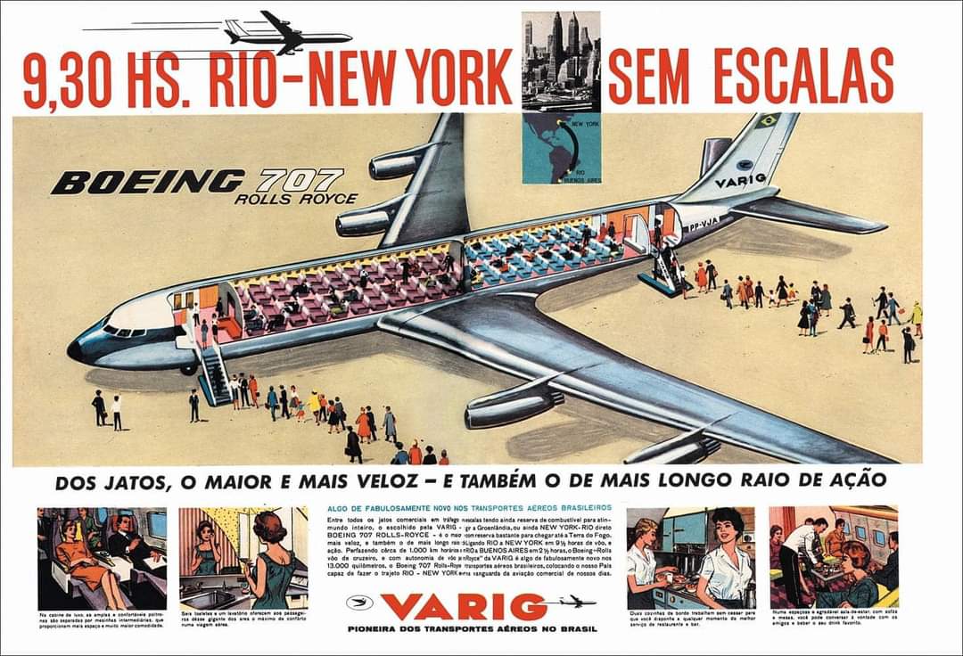 stumpf_marcio's tweet photo. Propaganda da VARIG, anos 1970.
Rio - Nova York em 9h30min, sem escalas, com os velozes Boeing 707. https://t.co/YHKVHUatwO