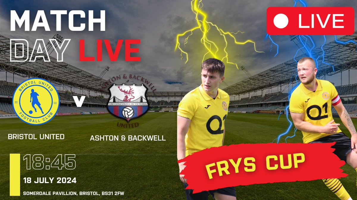 FCBristolUnited's tweet photo. Match day live tonight from 6.30pm, the first game competitive game of pre season see us in the fry’s cup against Ashton &amp; Backwell Join us live at 6.30pm this evening on our YouTube channel for full match coverage

https://t.co/mXH9VjUQR0

#upthebots #upthebots🤖🔵🟡 https://t.co/OuE3KAuR5E