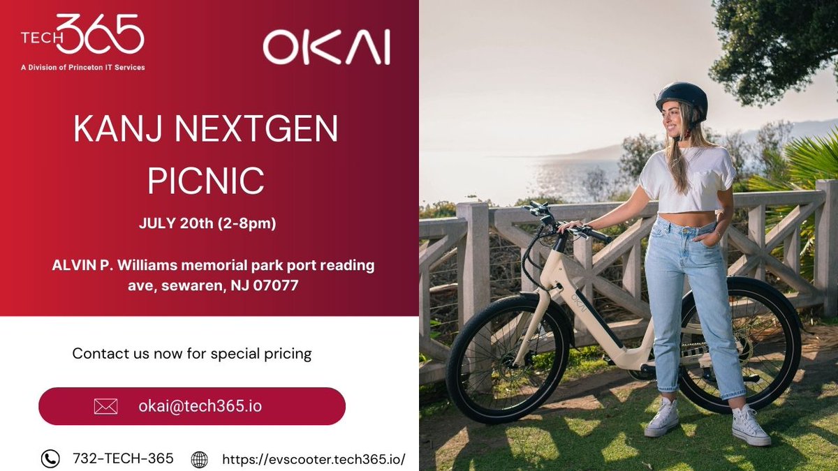 PrincetonITS's tweet image. Join Tech365 &amp;amp; OKAI at the KANJ NextGen Picnic on July 20, 2-8 PM at Alvin P. Williams Memorial Park, Sewaren, NJ. Details: okai@tech365.io or 732-TECH-365. Learn more about OKAI products at evscooter.tech365.io
#tech365 #okai #evscooter #KANJ_NextGen #picnic #july #nj