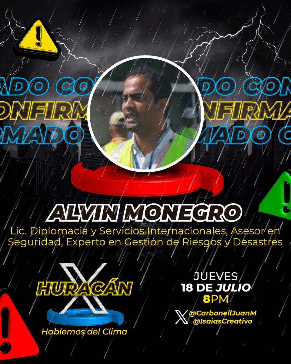 Otro Gran profesional nos acompañará en este Histórico espacio. 

El Sr. <a href="/alvinmonegro/">Alvin Monegro</a> estará está Noche en Huracán X:Hablemos del Clima

Unión sin precedentes entre <a href="/IsaiasCreativo/">Isaías González</a> y <a href="/carbonelljuan/"></a> ☔⛈️🌀🇩🇴🎙️