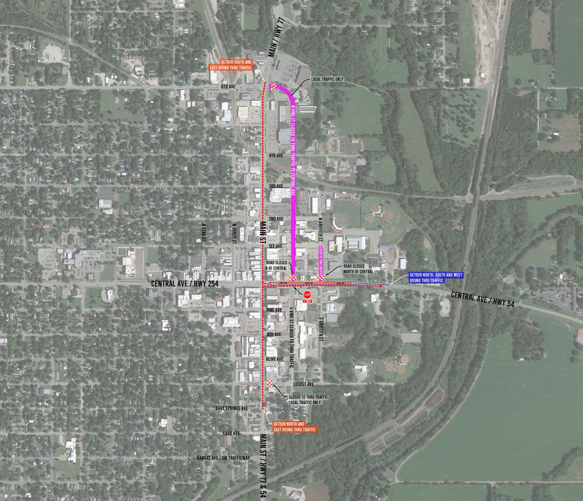 Beginning at about 1 p.m. Friday, July 19, a detour will be in place for the intersection of Vine and Central as the Central Avenue Project progresses. This will impact thru traffic north and south of Central on Vine Street. This will remain in place for a couple of weeks.