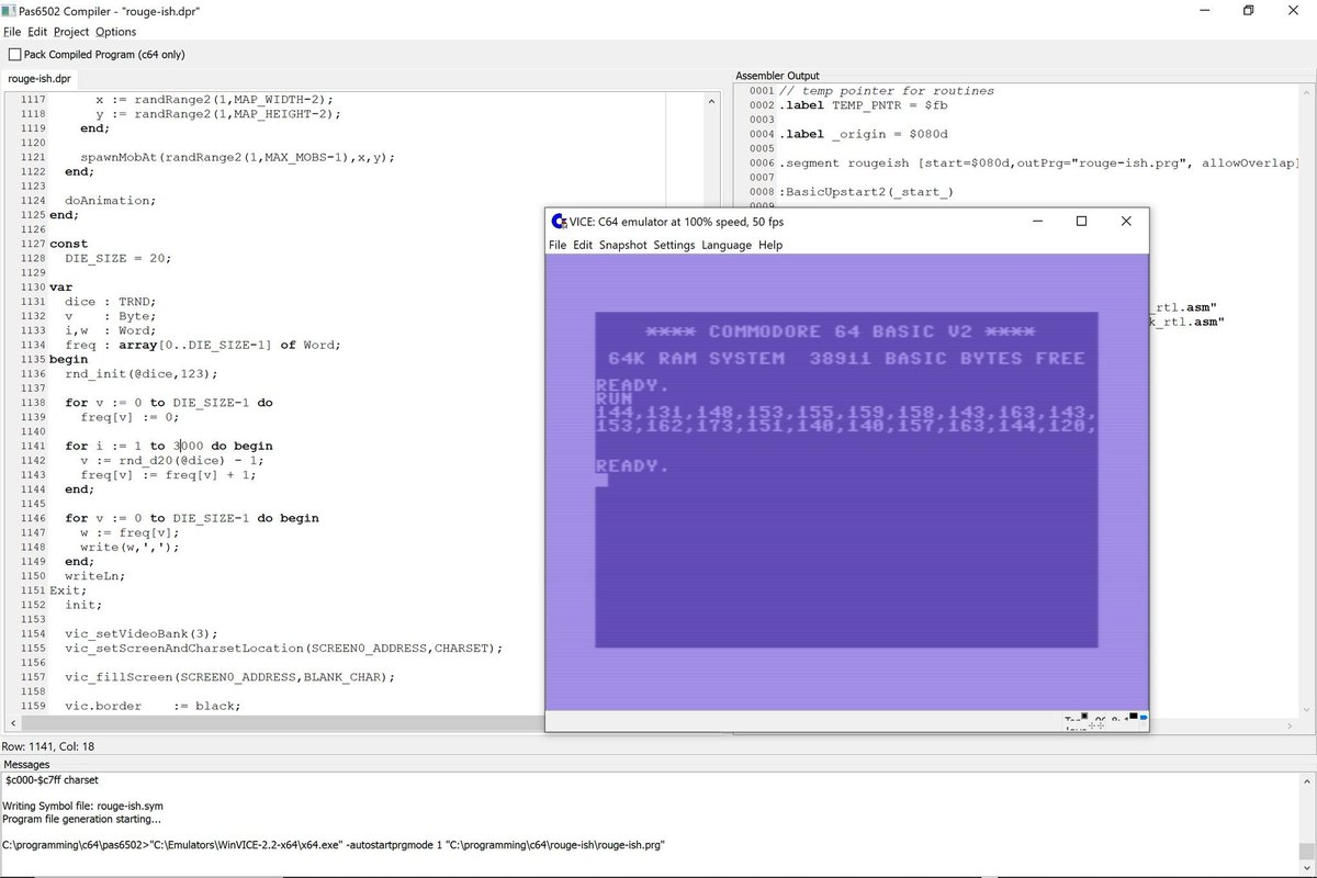 SyntaxErrorSoft's tweet image. I&apos;ve added a random number generator in #Pas6502 that uses a TRNG record for separate random number factories for random number generation (including d6 &amp;amp; d20 rolls). This code did 3000 d20 rolls + printed out the d20 number frequencies in around 2 seconds, not too shabby! :)