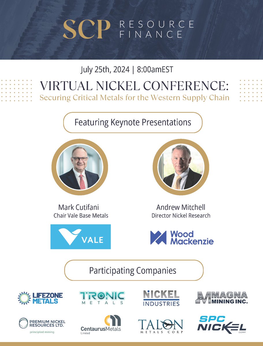 NexMetalsCorp's tweet photo. Conference alert: SCP "Companies to Watch" in the Nickel space.
Keith Morrison, CEO $PNRL.v, will be sharing our vision, advancements, and future plans.
Register now to join us on July 25: https://t.co/C0vyTamIbn
#PNRL #NickelConference #Mining #NickelIndustry #VirtualEvent https://t.co/Qd7jVm4sP5