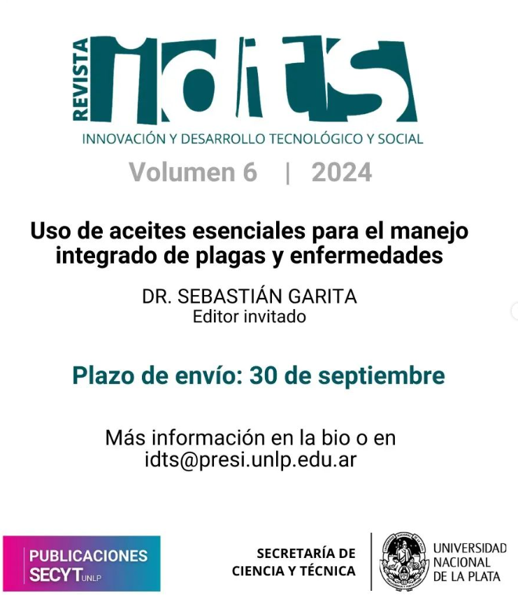 Abierta la convocatoria para trabajos que integrarán el dossier «Aceites esenciales para el manejo integrado de plagas y enfermedades».

🔸Las contribuciones serán publicadas en el volumen 6 (2024) de IDTS
🔸Fecha límite 30 de septiembre de 2024.

revistas.unlp.edu.ar/IDTS/aceites_e…