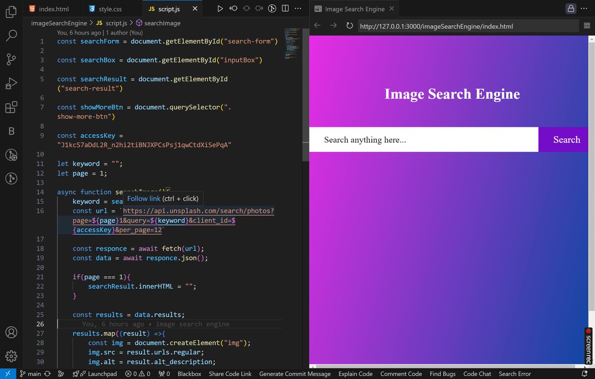 SunyPraaati1's tweet image. 🚀 Project #21 of #30days30js: Image Search Engine 🌐

Excited  to share my latest creation! 🎉 I built an image search engine using  HTML, CSS, JavaScript, APIs, and the DOM. This project taught me a lot  about integrating APIs and handling asynchronous data.  #js  #webdeveloper