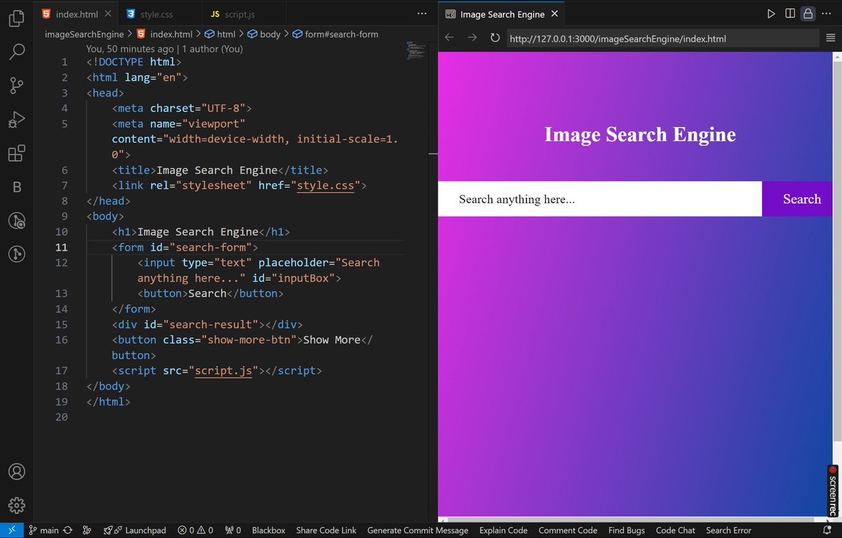 SunyPraaati1's tweet image. 🚀 Project #21 of #30days30js: Image Search Engine 🌐

Excited  to share my latest creation! 🎉 I built an image search engine using  HTML, CSS, JavaScript, APIs, and the DOM. This project taught me a lot  about integrating APIs and handling asynchronous data.  #js  #webdeveloper