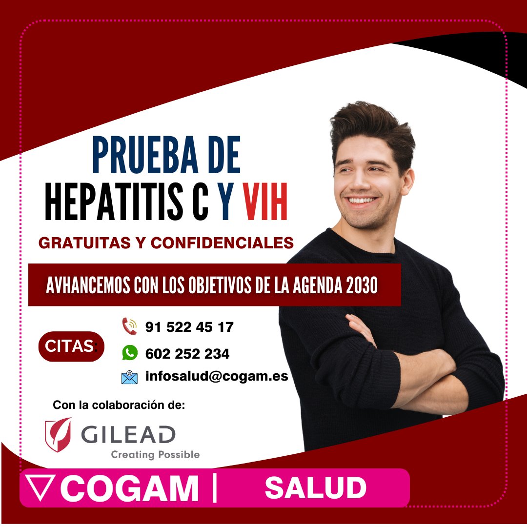 ¿Sabías que la Hepatitis C se puede detectar a través de la saliva y solo en 30 minutos? #GILEAD y #COGAM te facilita esta prueba gratuita y confidencial. También tienes la prueba de #VIH, si lo deseas.
Puedes pedir cita en:
☎️ 91 522 45 17
📲 602 252 234
📧 infosalud@cogam.es