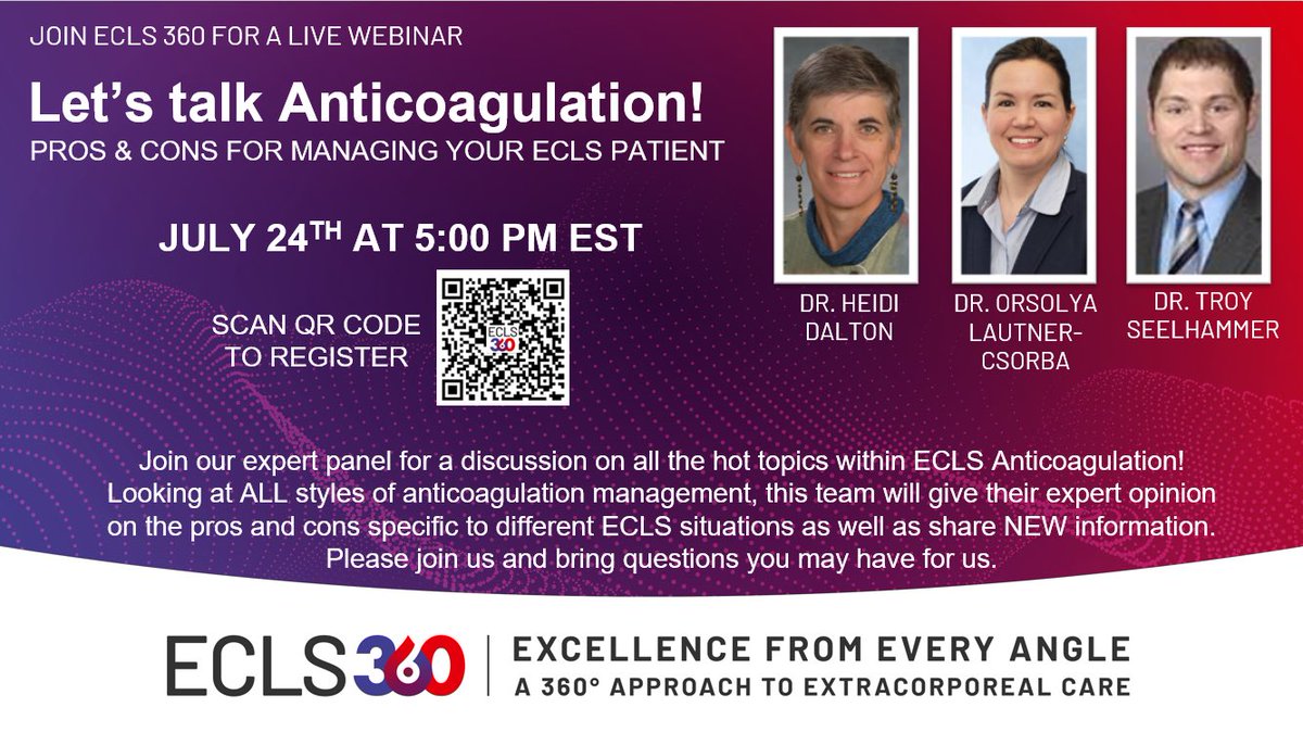 Register now! Let’s Talk #ECMO Anticoagulation! July 24th @ 5pm EST.  
register.gotowebinar.com/register/91617…
🩸 Dr. Lautner-Csorba, PhD w <a href="/ECMO_Bob/">Bob Bartlett</a> discussing use of nitric oxide 
🩸 Dr. Seelhammer from Mayo to discuss bival
🩸 Dr. <a href="/HeidiDalton26/">Heidi J Dalton MD</a> discussing anticoagulation free #ECLS 
#icu